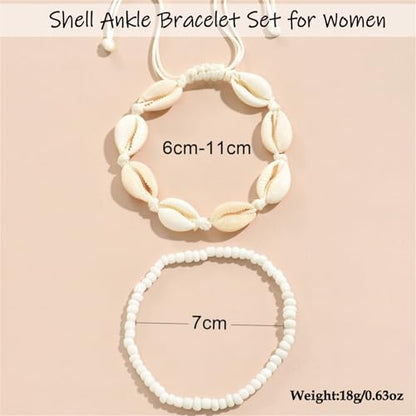 Shell Ankle Bracelet Set for Women,Boho Adjustable Beads Anklet Pack Natural White Shells Stack Stretch Seashell Pearl Starfish Bracelet Set Hawaiian Beach Vacation Foot Jewelry - style: J-Shell Beads