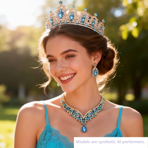 Kamirola Bridal Wedding Tiara Crown Jewelry Set for Women/Brides/Bridesmaids Crystal Jewelry Set for Wedding Prom Party Bridal Crystal Necklace Earrings Bracelet Set(TR60) - color: Gold Skyblue