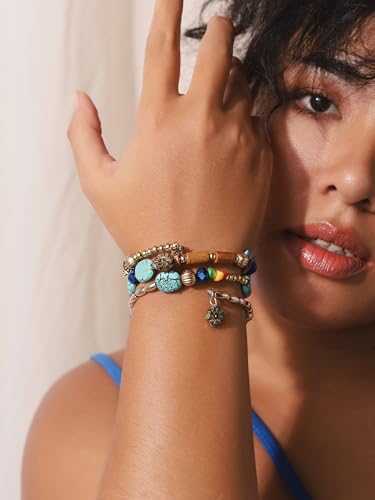 MINACHI Summer Boho Retro Style Multilayer Wrap Irregular Beads with Golden Flower Charm Bracelets, Blue Tone, Ethnic Jewelry for Women - style: Bracelet R17-015