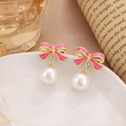Gold Bow Earrings for Women, Long Tassel Chain Drop Earrings, Trendy Small Bow Earrings, Ribbon Waterfall Dangling Earrings, Pearl Bow Earrings, Sparkly Elegant Bowknot Preppy Jewelry Gifts for Women - color: Pink Bow-K3