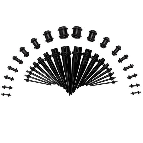 36pcs Ear Gauge Stretching Kit Silicone 14G-00G Gauges for Ears, Tapers, Tunnels & Plugs, Lightweight Acrylic Expanders, Body Piercing Jewelry Earring Gauging Set for Starter Beginner Men Women, Black