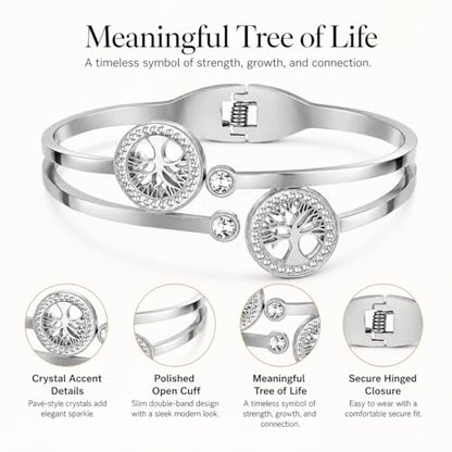 Gold Tree of Life Bangle Bracelet for Women, 18K Gold Plated Stainless Steel Double Layer Spring-Open Bangle, Meaningful Dainty Jewelry Gift - color: TREE SILVER