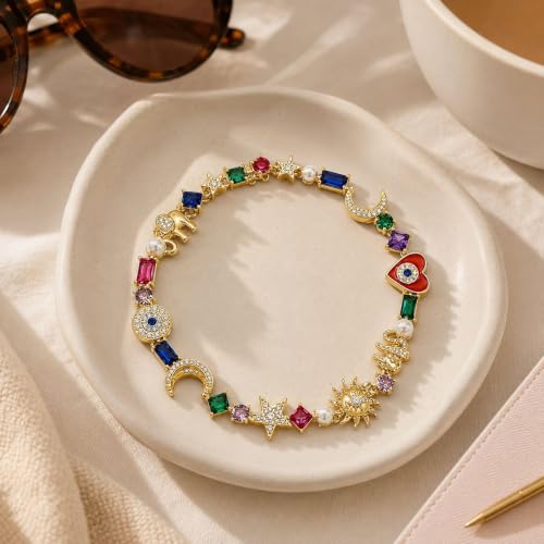 Sun and Moon Bracelets for Women Gold Charm Bracelet Star Heart Elephant Colorful Rhinestone Dainty Celestial Jewelry Gifts