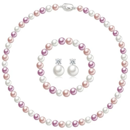 Pearl Necklaces for Women,8mm Pearl Necklace and Earring Bracelet Jewelry Set for Women Men Wedding Birthday Valentine Christmas Day Gifts - color: White Pink Purple