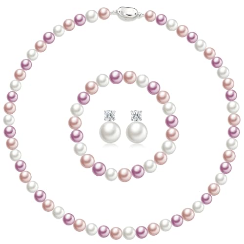 Pearl Necklaces for Women,8mm Pearl Necklace and Earring Bracelet Jewelry Set for Women Men Wedding Birthday Valentine Christmas Day Gifts - color: White Pink Purple