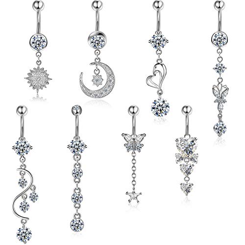 Hicarer 8 Pieces 14G Belly Button Rings Steel Long Dangle Navel Ring CZ Body Piercing Jewelry - color: Silver