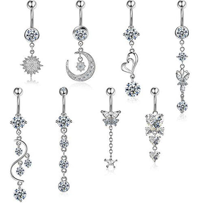 Hicarer 8 Pieces 14G Belly Button Rings Steel Long Dangle Navel Ring CZ Body Piercing Jewelry - color: Silver