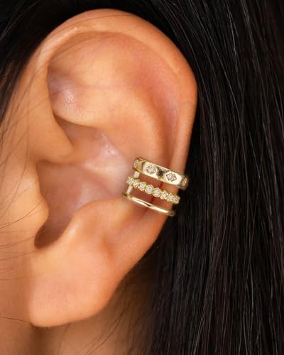 Ear Cuff for Women, 14K Gold/White Gold Plated Ear Cuffs Non Piercing Hypoallergenic Jewelry Gift - color: triple stack gold