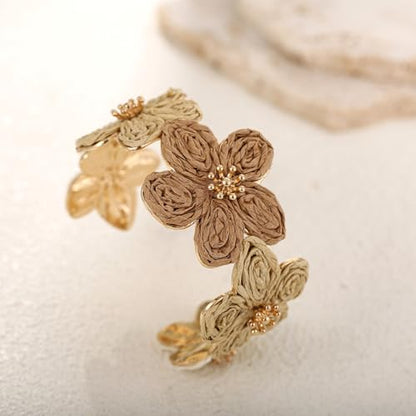 RUOFFETA Raffia Flower Cuff Bracelet for Women, Floral Chunky Bangle Wide Open Cuff Statement Bracelet - color: Beige Ombre