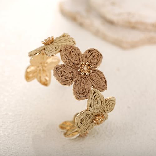 RUOFFETA Raffia Flower Cuff Bracelet for Women, Floral Chunky Bangle Wide Open Cuff Statement Bracelet - color: Beige Ombre