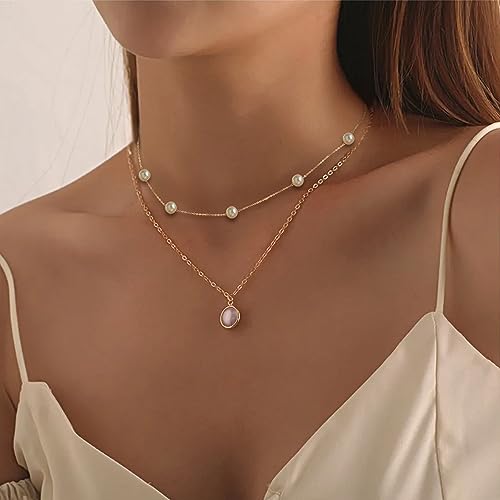 Trinckle Pearl Necklaces for Women, Pearl Choker Dainty Pendant Necklace | White Pendant Choker for Teen Girls, Layered Daisy Jewelry, Wedding Strands for Bride Bridesmaids as Beach Summer Accessories - style: Gold Pearl Necklace