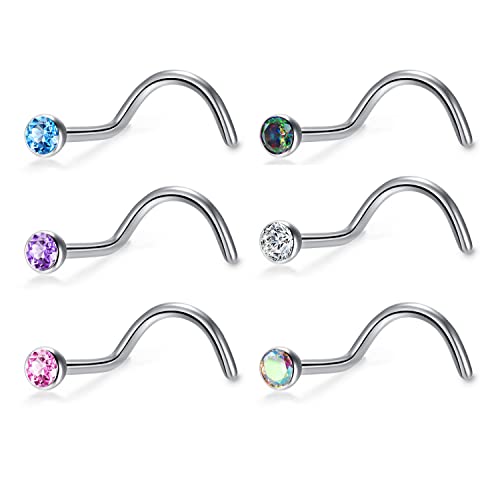 BelezaDosas 6pcs G23 Titanium Nose Studs 18G 20G Screw Nose Ring Press Fit 2mm 2.5mm 3mm Piercing Jewelry for Sensitive Skin - style: 20G 2.0mm CZ 6PCS
