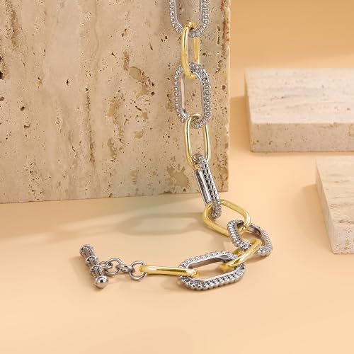 Link Chain Bracelets for Women, Two Tone Link Bracelets Gold and Silver Paperclip Vintage Bracelets Wire Bangle Jewelry Gifts - style: Paperclip