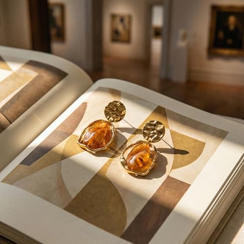 Trendy Orange Earrings for Women Resin Statement Geometric Drop | Radiant gold-tone hammered metal paired with warm amber hues.