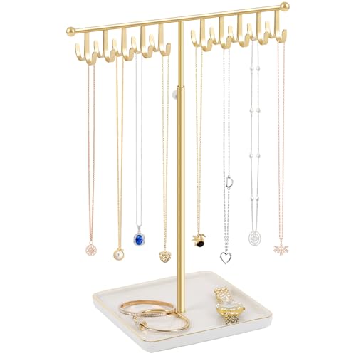 Necklace Holder Elegant Jewelry Holder Stand, Gold Necklace Organizer Rack with Ceramic Base Adjustable Jewelry Tree for Bracelets, Rings, Earrings Necklaces Hanger Display(Gold)