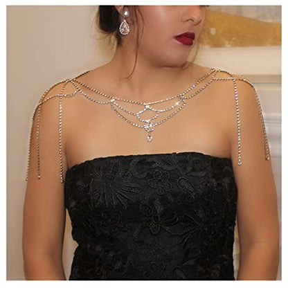 Rhinestone Tassel Wedding Backdrop Chain - Crystal Flower Shoulder Chain Necklace - Bridal Multi-Layered Body Chain Jewelry for Women - color: Shoulder Chain-silver