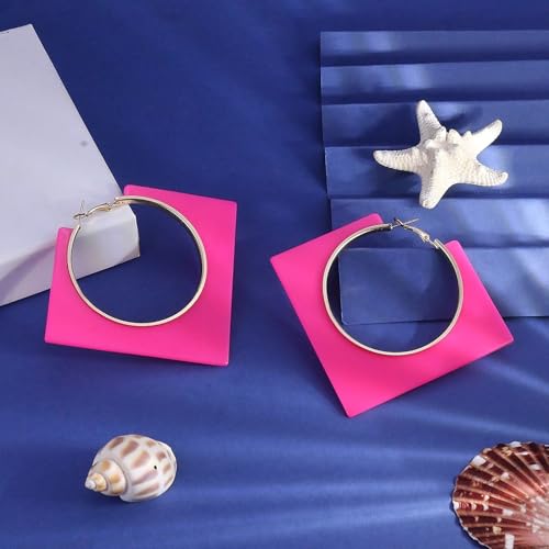 Colorful Large Hoop Earrings for Women Big Square Hollow Hoops Dangle Earrings Trendy Chunky Geometric Square Earring 80s 90s Neon Hoop Dangle Earrings - color: rose red