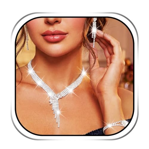 Sixexey Rhinestone Bridal Jewelry Set Prom Necklace Earrings Sparkly Wedding Jewelry Accessories for Women - color: Silver