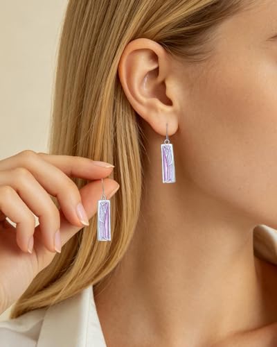 Silver Dangle Earrings for Women Shaped Rectangle Wide Bar Enamel Earrings Colorful Geometric Drop for Daily - color: Purple