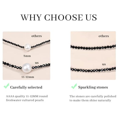 Single Pearl Choker Pendant Necklaces for Women, Natural Gemstone Womens Black Stone Beaded Choker Necklace, Dainty Round Freshwater Pearl Handmade Jewelry Gift Women Birthday Bridesmaids Anniversary 16 18 inch - color: 01-black/white, size: 18"