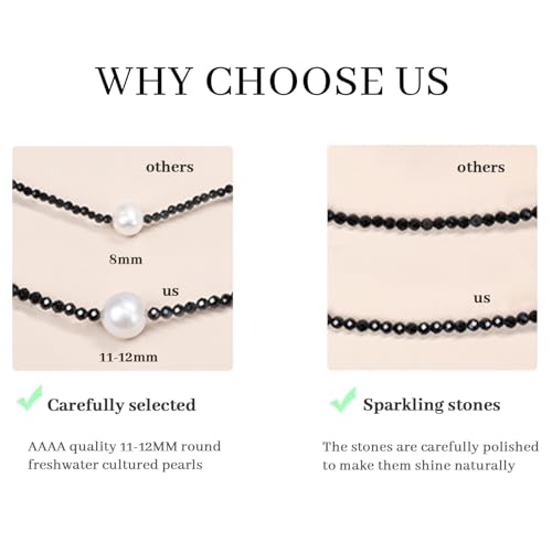Single Pearl Choker Pendant Necklaces for Women, Natural Gemstone Womens Black Stone Beaded Choker Necklace, Dainty Round Freshwater Pearl Handmade Jewelry Gift Women Birthday Bridesmaids Anniversary 16 18 inch - color: 01-black/white, size: 16"