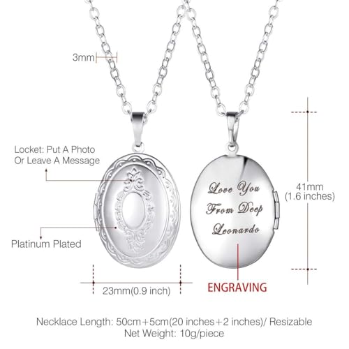 U7 Custom Photo Locket Necklace - Oval & Heart Shaped Locket - Gold/Silver/Rose Gold Personalized Image Necklaces for Women - color: 01-Oval Platinum, style: b. locket+text