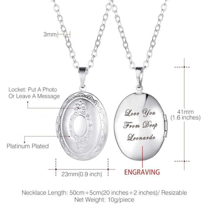 U7 Custom Photo Locket Necklace - Oval & Heart Shaped Locket - Gold/Silver/Rose Gold Personalized Image Necklaces for Women - color: 01-Oval Platinum, style: b. locket+text