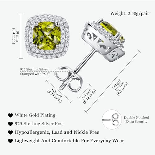 Dainty Birthstone Earrings for Women Sterling Silver Small Stud Earrings with Halo Cushion/Round Created Gemstone Earrings Birthstone Jewelry - style: A 08. Aug./created peridot-cushion cut