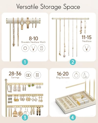 VLANDO Jewelry Stand Organizer with Ring Holder Tray, Necklace and Earring Storage for Bracelets, Watches and Rings, PU Leather Covered Wooden Tray with Gold Metal Frame - Beige - color: Cloud White