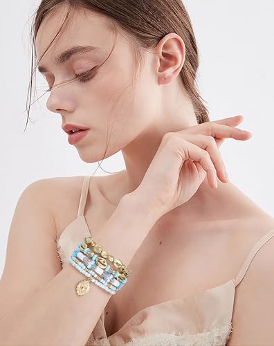 LALAPPLE Shell Bracelet Boho Beaded Stretch Bracelets for Women Seashell Strand Bracelets Starfish Charm Jewelry Summer Beach Jewelry Stackable Crystal Gold Plated Beads Bracelet for Women - style: T-Song of the Clouds