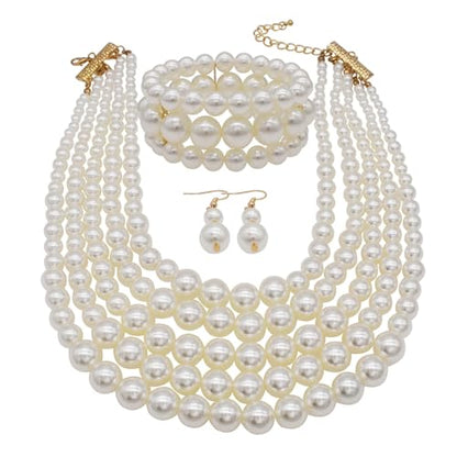 Faux Big Pearl Srand Necklaces for Women 5 Layers Pearls Choker Bib Collar Necklace Bracelet and Earrings set 1920s Costume Pearl Jewelry Bridal Wedding - color: white