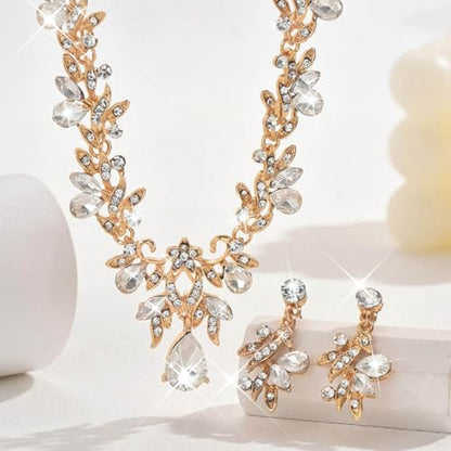 Rhinestone Bridal Wedding Jewelry Sets Gold Necklace Earrings Set Leaf Prom Formal Costume Jewelry Set for Women and Brides - color: Gold