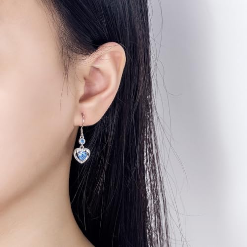 925 Sterling Silver Dangle Earrings with Charms Heart, Water drop, Moon, Star Long Drop Earring for Women Jewelry Gifts Hypoallergenic - color: heart zircon-blue