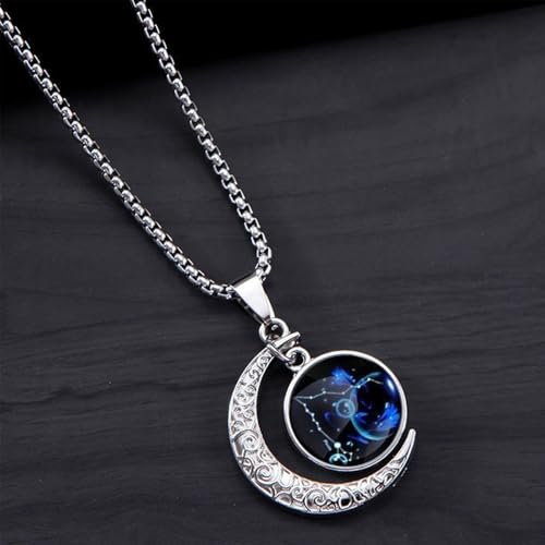 Stainless Steel Mens Necklace 12 Zodiac Moon Galaxy Pendant Necklace,22.8 Inch Stainless Steel Chain, 1.13 Inch Aries/Pisces Celestial Crescent Moon Star Sign Charm Jewelry - style: Pisces（2.19-3.20）