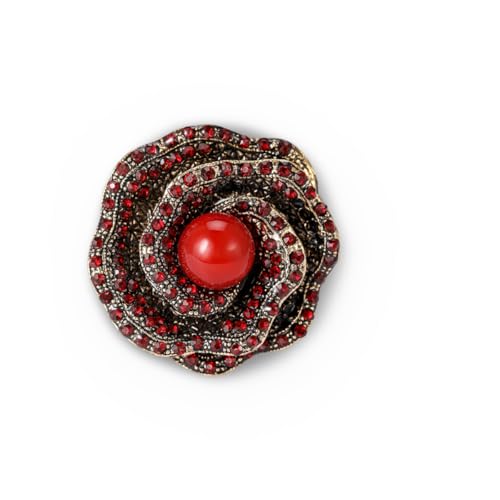 Brooch Pin, Vintage Floral Design In Antique Silver Tone Zinc Alloy With Grey Crystals And Faux Pearl Center - color: MM-BR-0005-RD