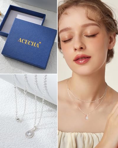 ACECHA Silver Necklace for Women, Dainty Layered Stack Set | silver plated, stackable, choker necklaces with cz pendant, ideal for daily prom wedding jewelry - color: silver-layered teardrop