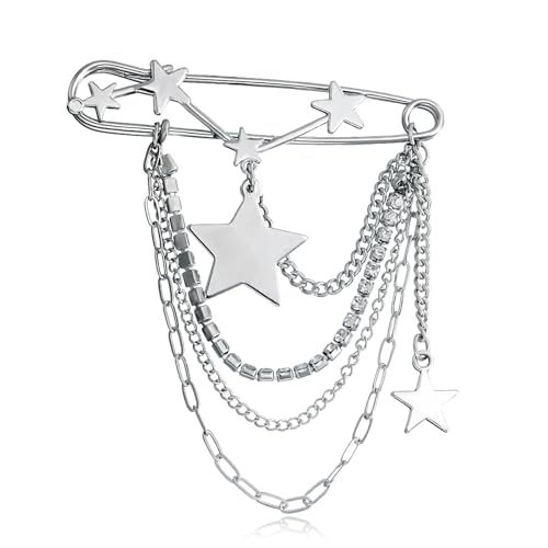 Punk Gold Silver Star Moon Tassel Chain Brooch,Vintage Crystal Moon Star Collar Pins Cubic Zirconia Sweater Shawl Clips Collar Brooch for Women - color: Silver