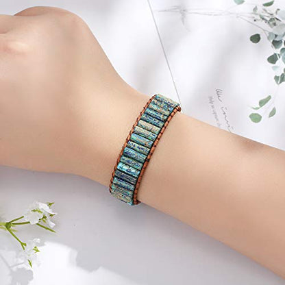 Plumiss Women Boho Handmade Natural Stone Crystal Leather Bead Wrap Bracelets Collection - style: Colorful Blue Jasper 1W
