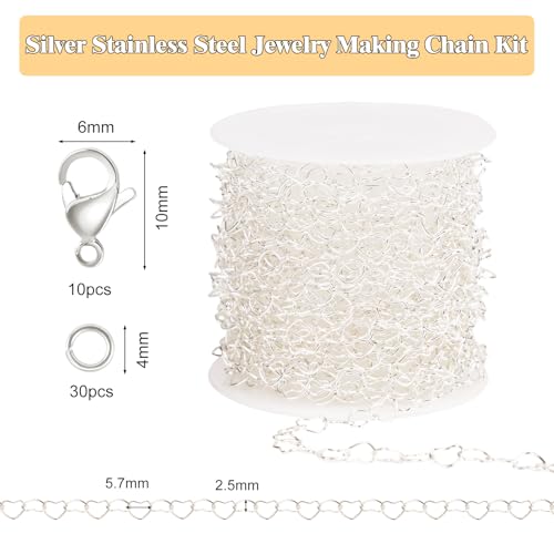 GTVOODX 16.4 Feet Silver Stainless Steel Heart Chain for Jewelry Making | Silver Plated Necklace Bulk Permanent Jewelry Chain Roll Spool for DIY Bracelet Craft Supplies with Lobster Clasps Jump Rings - color: Silver Heart