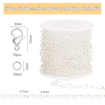 GTVOODX 16.4 Feet Silver Stainless Steel Heart Chain for Jewelry Making | Silver Plated Necklace Bulk Permanent Jewelry Chain Roll Spool for DIY Bracelet Craft Supplies with Lobster Clasps Jump Rings - color: Silver Heart