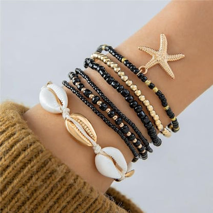 Bohemian Stackable Shell Beaded Ankle Bracelets for Women Colorful Boho Multi-Layer Seashell Gold Starfish Adjustable Handmade Braid Bracelet Summer Beach Holiday Accessories Gifts - color: Black