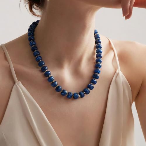 Chunky Beaded Necklace for Women, Colorful Boho Statement Necklace, Gold Chunky Resin Large Bead Necklace, Waterproof Summer Beach Jewelry Gifts for Women - color: Blue