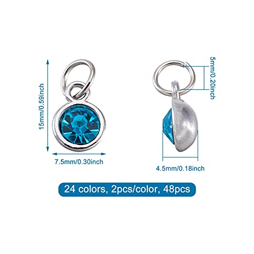 Cheriswelry 48Pcs 7.5mm Silver Gold Flat Round Alloy Glass Rhinestone Charms Birthstone Pendants Tiny Dangle Charms for DIY Necklace Earring Bracelet Jewelry Making Crafts - color: Mixed Color