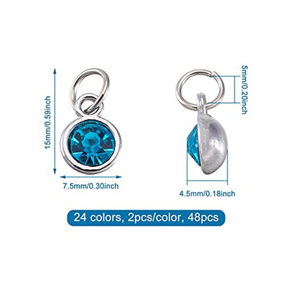 Cheriswelry 48Pcs 7.5mm Silver Gold Flat Round Alloy Glass Rhinestone Charms Birthstone Pendants Tiny Dangle Charms for DIY Necklace Earring Bracelet Jewelry Making Crafts - color: Mixed Color