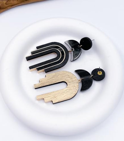 Ozel - Natural Wooden Acrylic Boho Drop Dangle Earrings for Women - Geometric Statement Jewellery - Brown, Black, Magent Red, Olive Green, White beige - color: Arch_Black