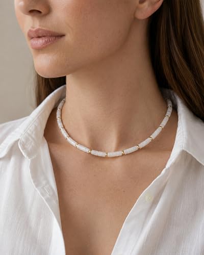 Natural Heishi Gemstone Choker Necklace for Women, Adjustable 15"+2" Beaded Layering Necklace, Coastal Beach Jewelry Gift for Her - color: Clear Quartz