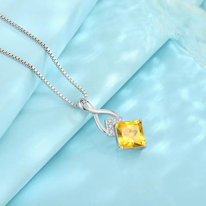 Infinity Necklace 925 Sterling Silver Princess Cut Pendant Birthstone Jewelry for Women - color: Yellow