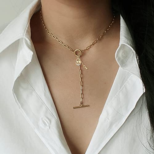 DoreenBeads 18K Gold Sun Moon Star Compass Pendant Necklace | Chunky Toggle Paperclip Chain Necklace with Heart Daisy Bee Charms for Women Girls 20 Inches - color: Padlock & Key