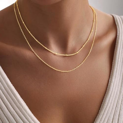 Turandoss Gold Layered Necklaces for Women Dainty 14K Gold Plated Chain Set | Stack Cuban Link Chain Necklace Personalized Lip Satellite Flat Curb Link Necklaces for Women Trendy Set - color: Link/Satellite Chain
