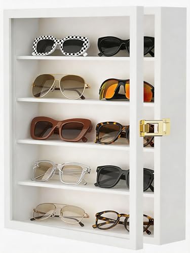 TJ.MOREE Sunglass Organizer Wall Mounted Glasses Holder Display Case 5 Tier | 13 x 15 inches Wooden Storage Box for Multiple Pairs Eyeglasses Sports Sunglasses - color: White, size: 5-Tier
